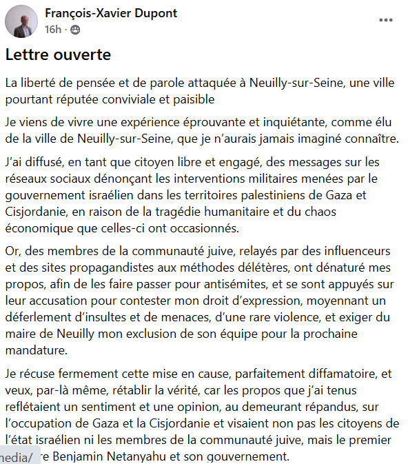 Lettre ouverte à Monsieur le maire sortant de Neuilly-sur-Seine suite aux propos du maire-adjoint Francois-Xavier Dupont du 11 mars&nbsp;2026.